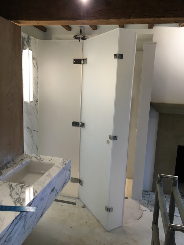 Bespoke frosted glass shower enclosure in Winchmore Hill luxury bathroom